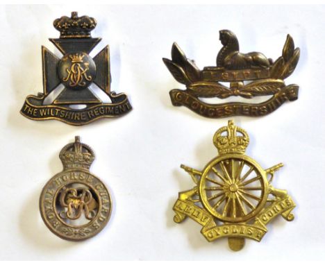 British WWI Officers Cap Badge Collection (4) Including: The Wiltshire Regiment, Royal Horse Guards, Gloucestershire Regiment