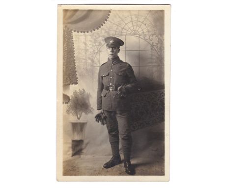 Ox and Bucks Regiment WWI-RP postcard, full length Private portrait, young soldier with swagger stick