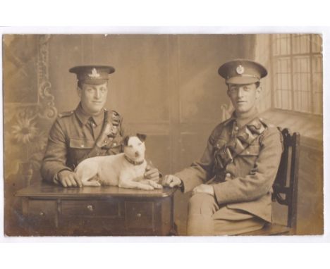 Royal Artillery + Royal Engineers WWI- two soldiers pose for a seated portrait possibly brothers-pet dog on the table! Fine R