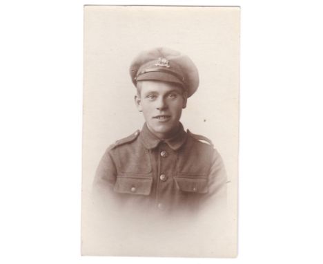 Queens Regiment WWI-Head + Shoulder Portrait postcard photographic -bright young soldier
