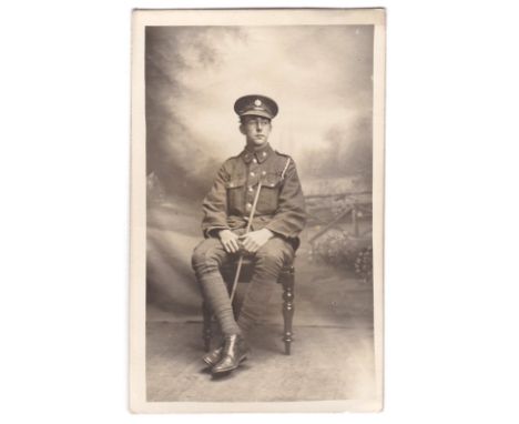 Army Service Corps WWI-Soldier, seated protrait, photographic postcard, Barkers, Burnham-on-Crouch