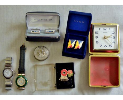 Travel Alarm Clock-Made by Time master-not working, also (2) ladies watches, pair of cuff links etc