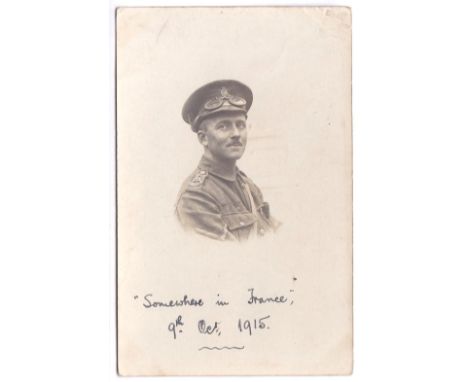 Royal Artillery (Lincoln Territorial) WWI 1915 Fine Portrait RP card - with goggles on his hat. "Somewhere in France" m/s 9 O