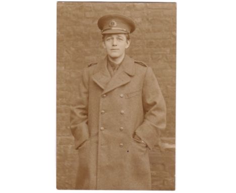 Royal Navy WWI-Portrait postcard, greatcoat with a  sad looking officer, photo Free Prem, Spalding 