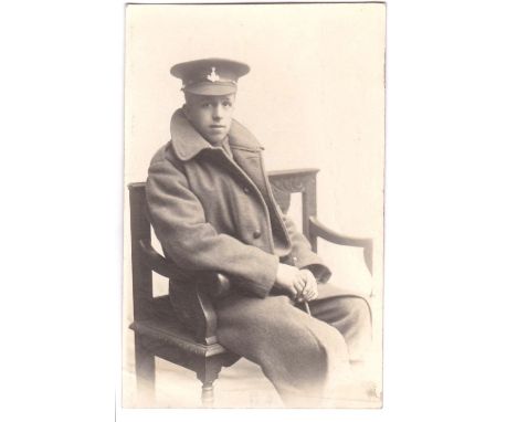 Green Howards(Prince of Wales Own Yorkshire) Regiment WWI-soldier seated portrait weather overcast, with swagger stick, fine 