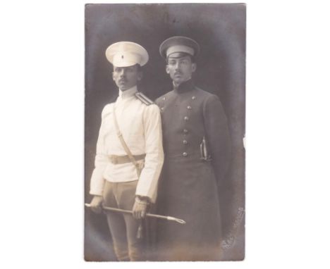 Imperial Russian Cavalry WWI-fine photographic standing portrait postcard of two proud soldiers, scarce card-Embossed photogr