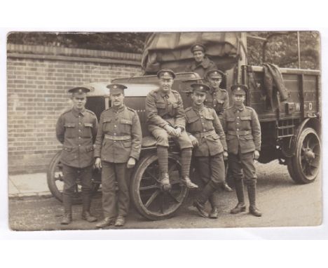 Army Service Corps WWI Quality photo postcard W.D. Truck with driver and six privates in attendance.