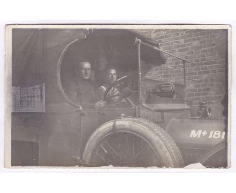 Army Service Corps WWI Drivers at the wheel of a Truck, marked 'M 181' Horn Prjects! RP card