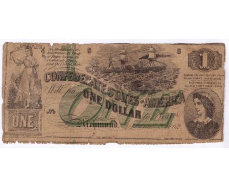 1862 One Dollar, Richmond, Lucy H Pickens (The first note to have a portrait of a woman), steamship at sea, unissued note, T4