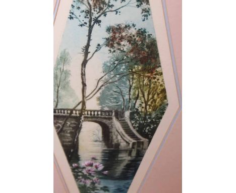 PAIR OF HAND COLOURED ETCHINGS
featuring architectural scenes, mounted, framed and under glass, 70 x 32cm