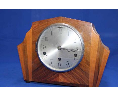 ART DECO WALNUT MANTEL CLOCK
with stylised sun ray veneer design, 31cm long
