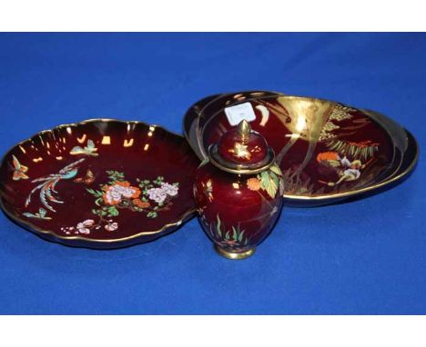 TWO CARLTON WARE ROUGE ROYALE DISHES AND A ROUGE ROYALE VASE and other rouge royale items; together with a Masonic 'Ye Corpor