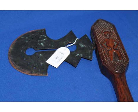 WOODEN TRIBAL AXE
decorated with carving depicting the figure of a man and hatched areas