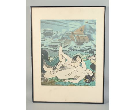 AN UNUSUAL JAPANESE EROTIC LITHOGRAPH PRINT, signed by artist, 91/100, framed - unglazed, 64cm x 48cm overall.