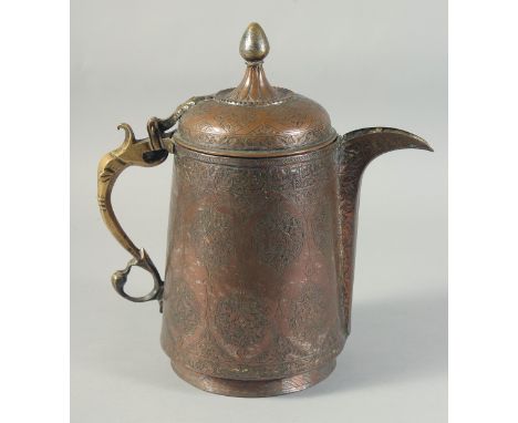 A PERSIAN SAFAVID INSCRIBED COPPER SPOUTED TANKARD, with engraved decoration, 28cm high.