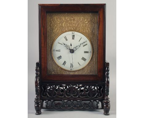 A 19TH CENTURY CHINESE ROSEWOOD CASED MANTLE CLOCK, with fusee movement, circular enamel dial with roman numerals on a decora