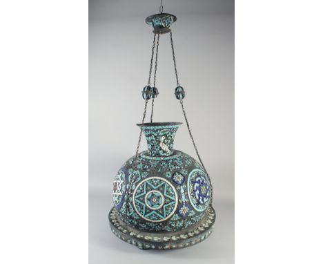 A 19TH CENTURY ISLAMIC ENAMELLED OPENWORK MOSQUE CHANDELIER, with hanging chains, 49cm diameter.