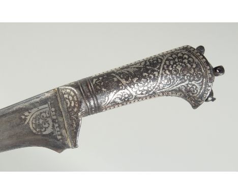 A FINE 18TH CENTURY MUGHAL INDIAN SILVER INLAID PESH KABZ DAGGER, 37cm long.