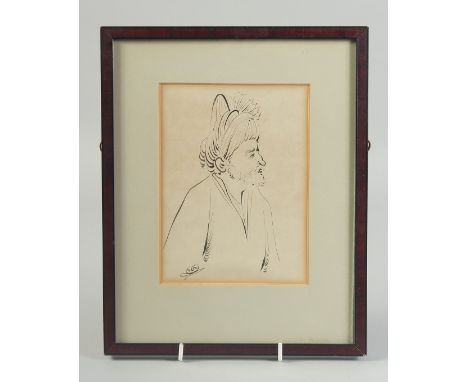 A MIDDLE EASTERN INK PORTRAIT ON PAPER, signed lower right, framed and glazed, image 17cm x 12.5cm.