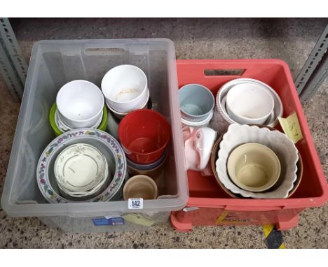 2 CARTONS OF MIXED CHINAWARE INCL; CERAMIC FLOWER POTS