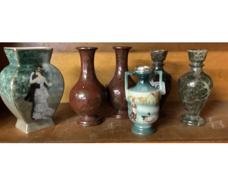 4 SMALL POLISHED STONE VASES,2 MATCHING PAIRS &amp; SMALL GOEBEL VASE, WREN WARE PATTERN ETC