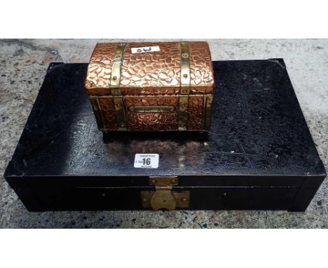 BRASS &amp; COPPER TEA CADDY &amp; BLACK METAL DOCUMENT BOX