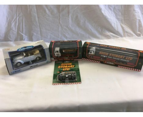 SHELF CONTAINING 3 EDDY STOBART MODELS &amp; VOLKSWAGEN BEETLE, ALL IN BOXES