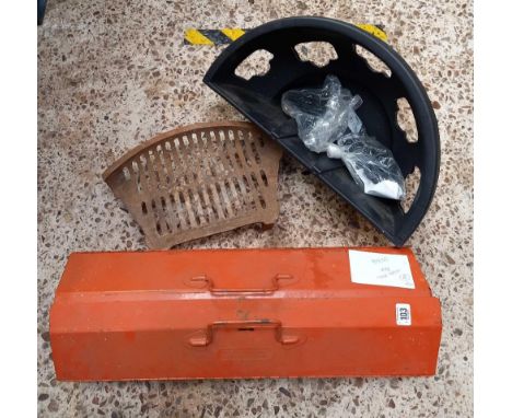 CAST IRON FIRE GRATE, 2 PLASTIC WALL FLOWER CONTAINERS WITH FIXINGS &amp; RED METAL TOOL BOX