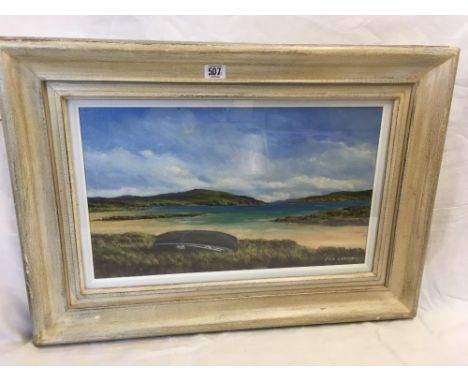 EOIN LAVELLE. A COASTAL VIEW OIL PAINTING ON A CANVAS PANEL. SIGNED.