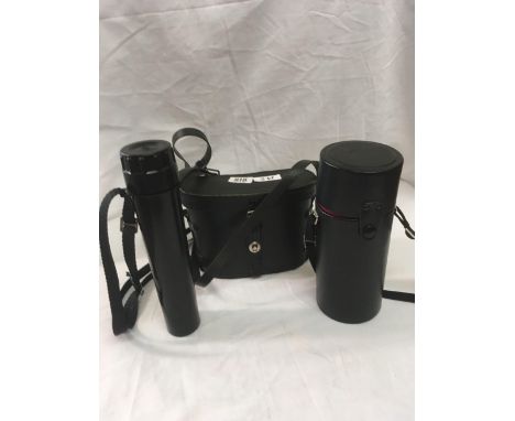 CASED TAMRON CAMERA LENSE, RUSSIAN SPOTTING SCOPE IN CASE &amp; A PAIR OF BOOTS BINOCULARS