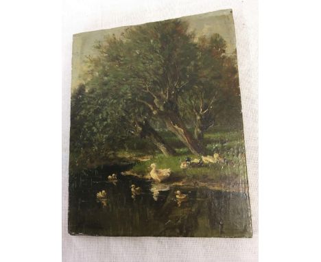 SMALL OIL PAINTING ON WOODEN PANEL OF DUCKS AND DUCKLINGS ON A RIVERBANK, INDISTINCTLY SIGNED C ARTZ