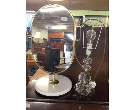 DRESSING TABLE TOP SWING MIRROR WITH BRASS FRAME &amp; A CUT GLASS TABLE LAMP, NO SHADE