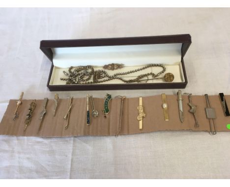 BOX OF MISC JEWELLERY &amp; A STRIP OF TIE PIN BADGES