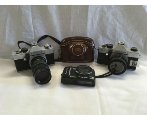 SELECTION OF 35M FILM CAMERAS INCL; ZEISS IKON CONTENA IN LEATHER CASE, PRAKTICA MTL3, PRAKTICA LTL WITH 135 LENSE &amp; CANN