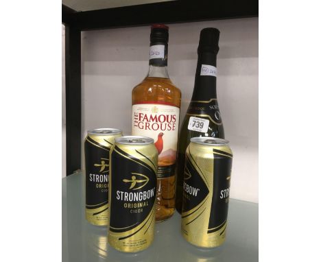 BOTTLE OF FAMOUS GROUSE WHISKY 70 CL, PROSECCO, &amp; 3 CANS OF STRONGBOW CIDER 