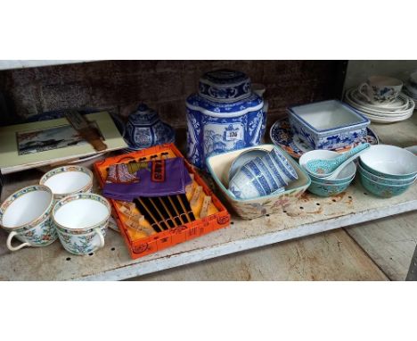 SHELF OF ORIENTAL CHINA, FAN, PICTURE, JOHNSON BROTHERS WILLOW BOWLS,  LARGE COOKIE JAR &amp; A SET OF BOXED CHOP STICKS