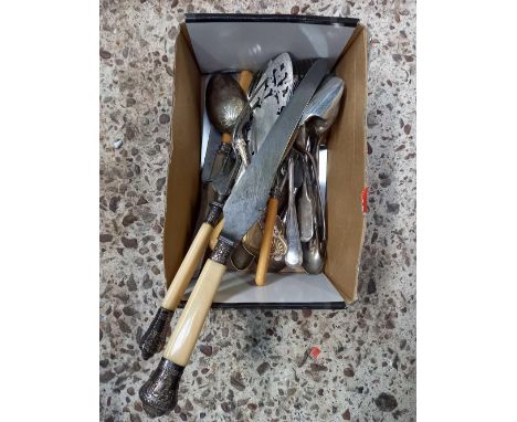 SMALL CARTON OF PLATED CUTLERY &amp; CARVING KNIFE &amp; FORK WITH SILVER MOUNTS