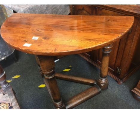 HEAVY OAK DEMI-LUNE CONSOLE TABLE WITH TURNED LEGS