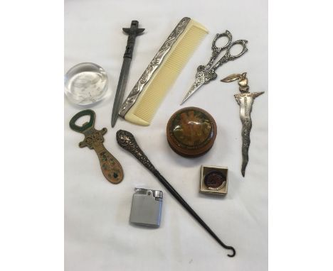 BAG WITH SCISSORS, LETTER OPENERS, METAL BACK COMB &amp; OTHER BRIC-A-BRAC