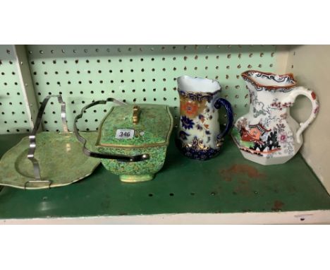 ART DECO CLOISONNE STYLE CHINA BISCUIT BARREL, MATCHING SANDWICH PLATE &amp; CARLTONWARE JUG &amp; MASONS WARE JUG