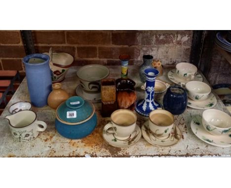 SHELF OF MIXED STUDIO POTTERY INCL; AN ALLERVALE &amp; ADAMS CANDLESTICK