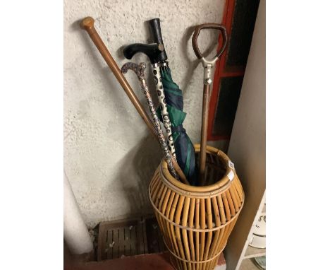 BAMBOO STICK STAND WITH 3 WALKING STICK, UMBRELLA ETC