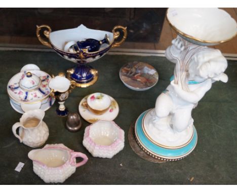 A mixed group of collectable items to include a large porcelain model of a cherub, a Prattware pot lid, a Royal Crown Derby v