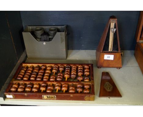 A mixed lot of assorted items to include a mahogany metronome, Chinese hardwood abacus, three vintage pairs of binoculars to 