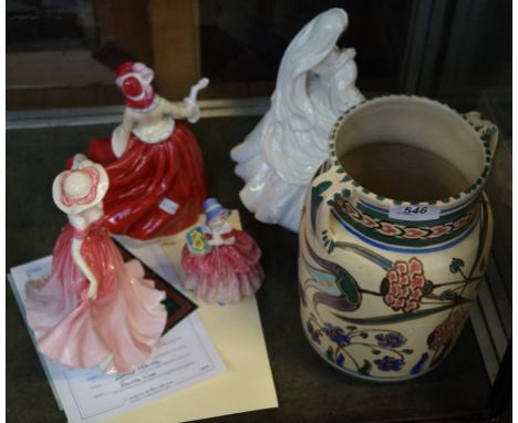 A mixed group of ceramic items to include a large stoneware vase, three Royal Doulton figures and a Coalport lady figurine Th