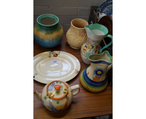 A Bursleyware Charlotte Rhead floral decoration jug together with a Wade Heath relief moulded vase and an Art Deco dish, toge