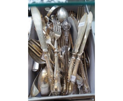 A group of hallmarked silver and mainly silver-plated flatware to include a silver handled button hook, two silver forks and 