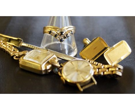 A Ladies manual wind wristwatchTogether with, two gem-set 9ct gold rings, a pair of cufflinks and another watch without strap