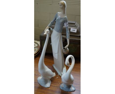 A large Lladro Nao figure of a girl together with two further Nao geese.