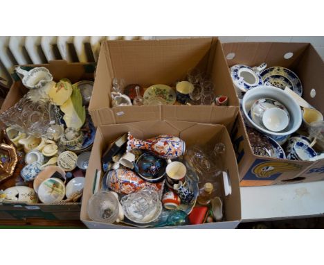 Four boxes of assorted 19th Century and later ceramic and glass to include cloisonne teapot, various pot lids, Canton plate e